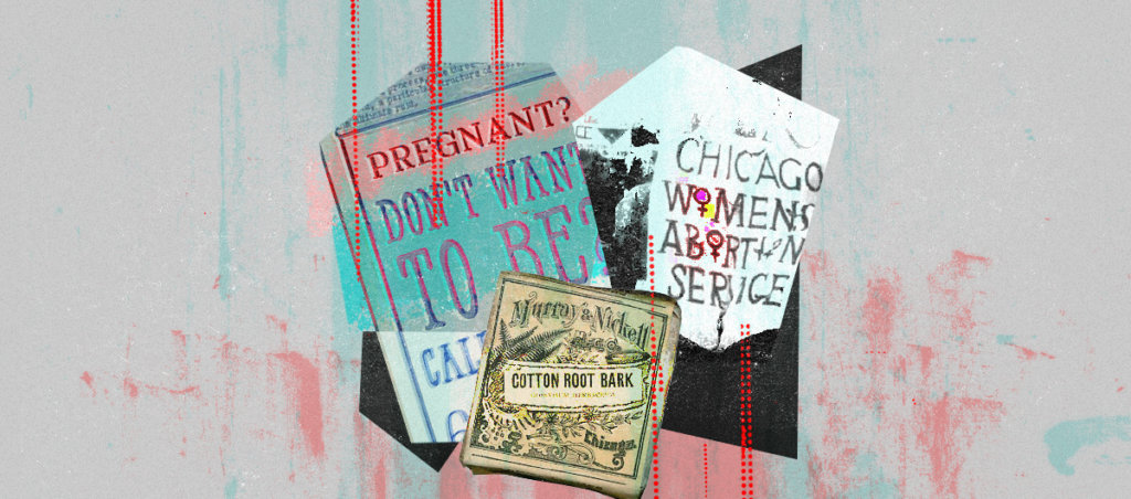 A collage of older documents promoting underground abortion services.