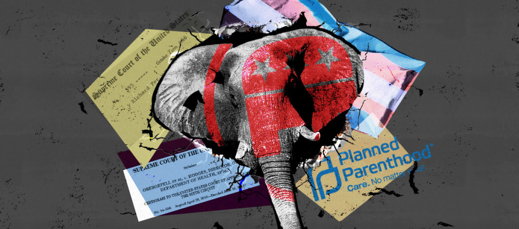 An elephant with the Republican logo on it with two Supreme court decisions in the background, as well as the trans flag and the Planned Parenthood logo.