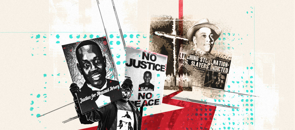 A person wearing a mask holding a "justice for Ahmaud Aubrey." In this collage, there are also signs of Trayvon Martin that says "No Justice No Peace" and a picture of Emmett Till.
