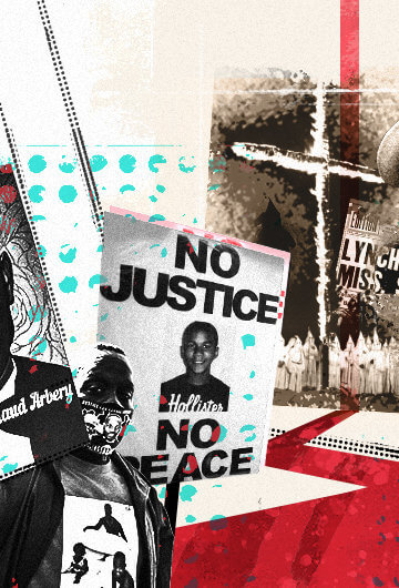 A person wearing a mask holding a "justice for Ahmaud Aubrey." In this collage, there are also signs of Trayvon Martin that says "No Justice No Peace" and a picture of Emmett Till.