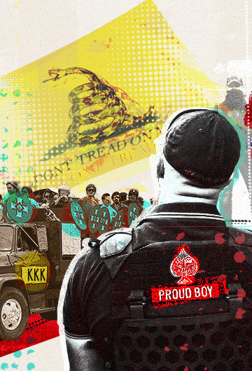 A collage of someone wearing a Proud Boy uniform, people in a KKK truck, and three men with a Confederate flag over it, and a flag with a snake on it.