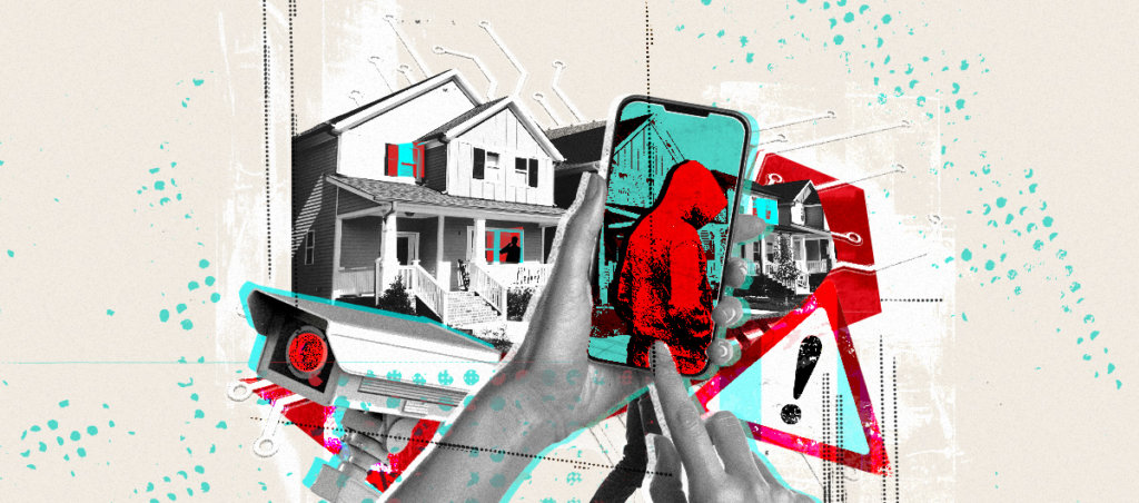 An illustration of someone holding up a phone where you can see someone with a hoodie walking in front of houses.