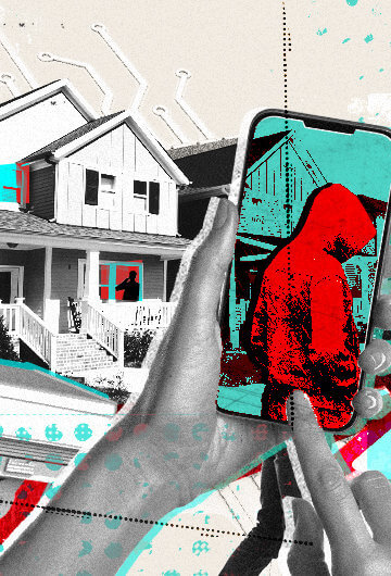 An illustration of someone holding up a phone where you can see someone with a hoodie walking in front of houses.