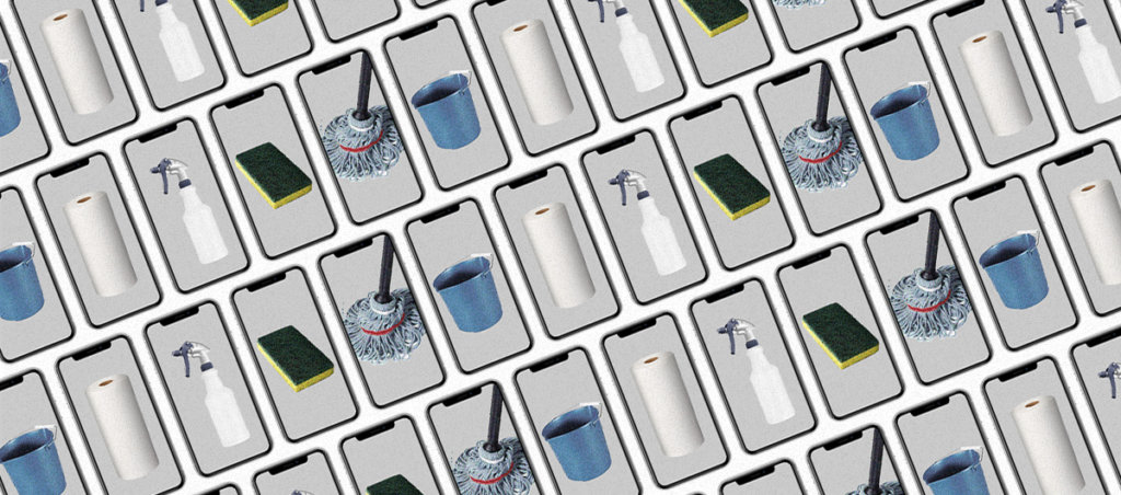A collage of phones with sponges, mops, paper toilettes and buckets on them.