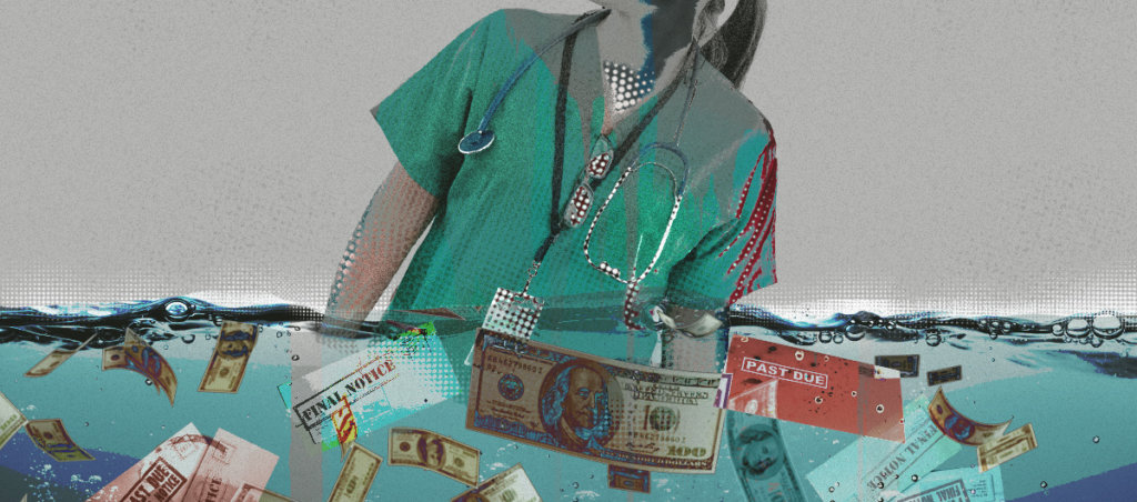 An image of a doctor in scrubs. There is rising water levels with dollar bills and "final notice" documents.