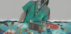 An image of a doctor in scrubs. There is rising water levels with dollar bills and "final notice" documents.