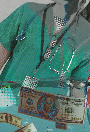 An image of a doctor in scrubs. There is rising water levels with dollar bills and "final notice" documents.
