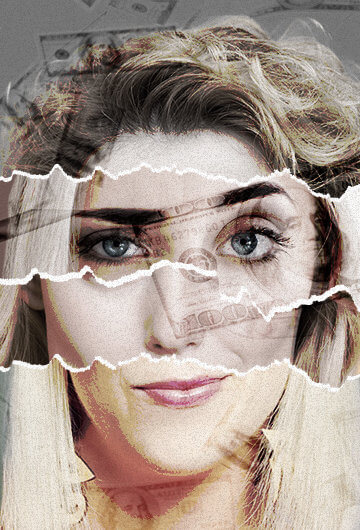 A collage of four different blonde women who have been grifters into one face, with money flying in the background.