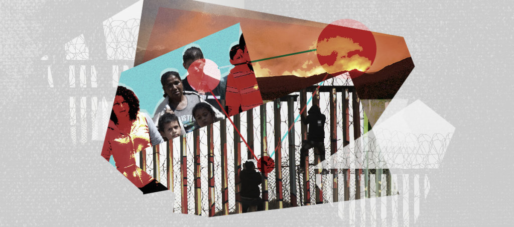 A collage of images of people climbing up a fence, a crowd of people standing side-by-side, and a field on fire in the background.