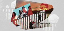 A collage of images of people climbing up a fence, a crowd of people standing side-by-side, and a field on fire in the background.