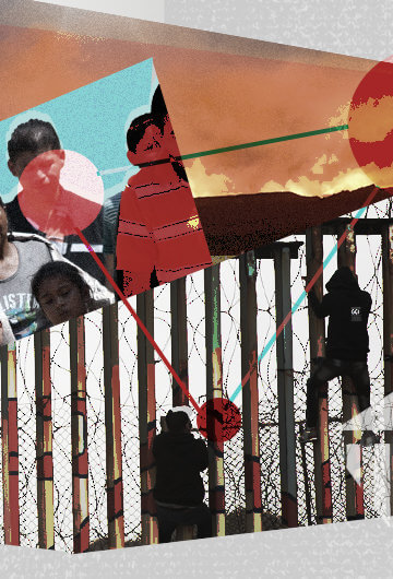 A collage of images of people climbing up a fence, a crowd of people standing side-by-side, and a field on fire in the background.