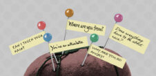 A illustration with a pin cushion with the following notes tied to the pin, "Where are you from?," "Does everything have to be about race?," "Why are you so angry," "You're so articulate," and "Can I touch your hair?"