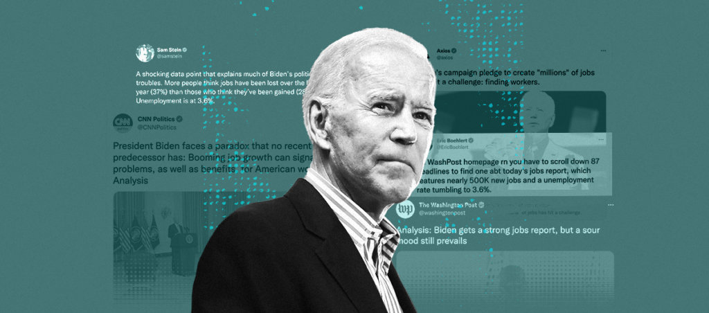A black and white photo of Joe Biden in the foreground, and tweets about Joe Biden's economic accomplishments and failures in the background.