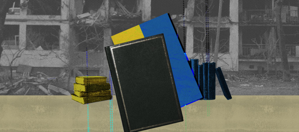 A black book on top of a book white a blue and yellow cover, and other yellow and blue books in the background. A picture of a bombed building in Ukraine is in the background.