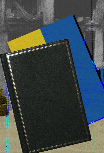 A black book on top of a book white a blue and yellow cover, and other yellow and blue books in the background. A picture of a bombed building in Ukraine is in the background.