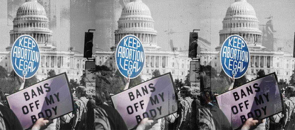 Photograph of people holding up signs that say "keep abortion legal" and "bans off my body" in front of the capitol, the image is shown three times.