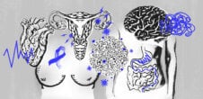 An illustration of different body parts, including breats, brain, heart and uterus.