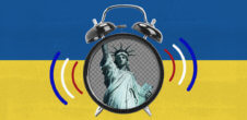 The Statue of Liberty in a clock that's ringing, and in the background are blue and yellow stripes