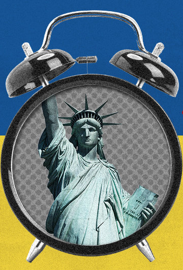 The Statue of Liberty in a clock that's ringing, and in the background are blue and yellow stripes