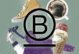 The letter B in a circle and underlined in front of a jacket, cleaning supply, a shoe, and ice cream cone, and a cup of coffee.