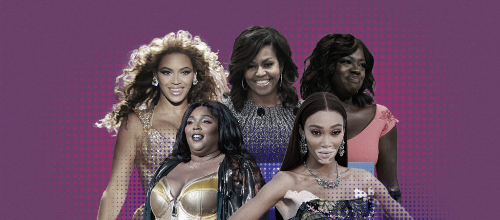 A collage of Beyonce, Lizzo, Michelle Obama, Viola Davis and Winnie Harlow – five black women.