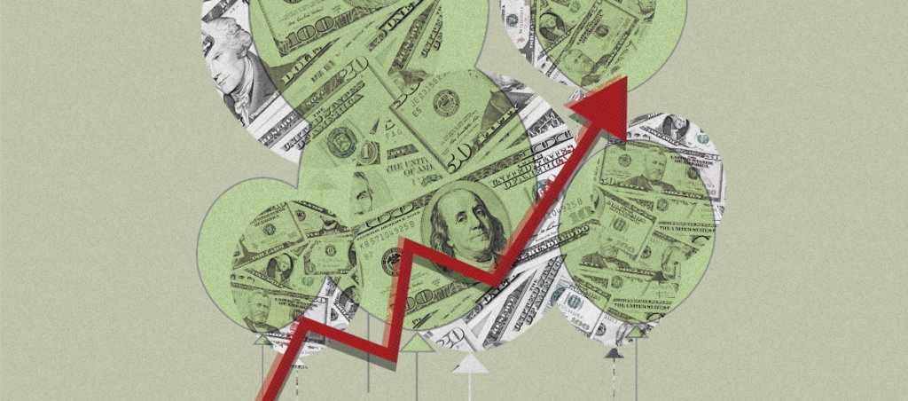 Balloons with dollar bills in the background, a red line rising is front of the other part of the illustration