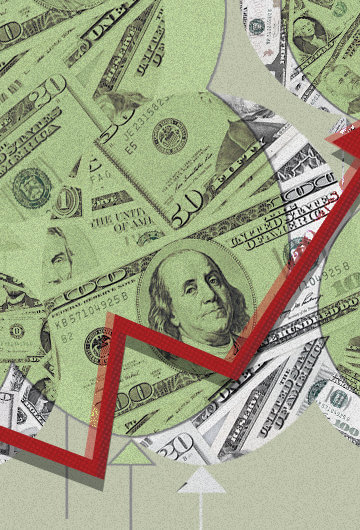 Balloons with dollar bills in the background, a red line rising is front of the other part of the illustration