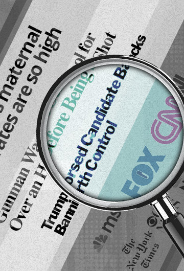 News headlines and logos of news sites with a magnifiying glass used to zoom in