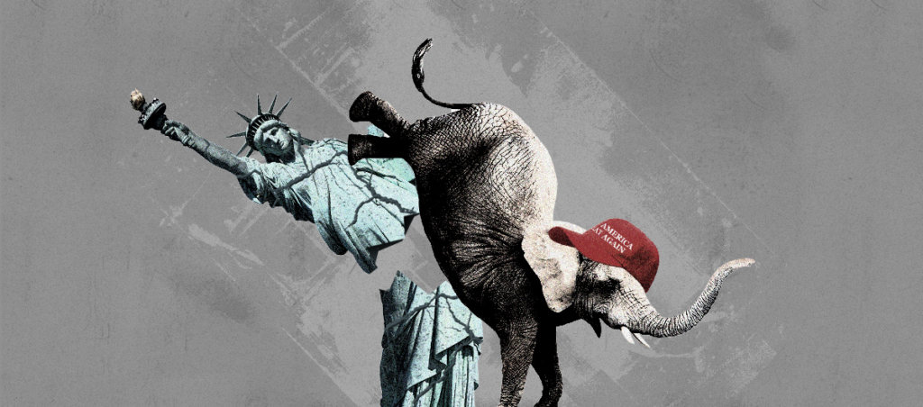 An elephant with a "Make America Great Again Hat" on kicking apart the Statue of Liberty.