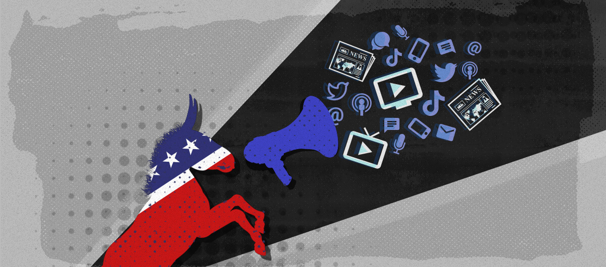 A donkey with the colors of the democratic party flag speaking into a megaphone with social media, TV, and newspaper symbols in front of it.
