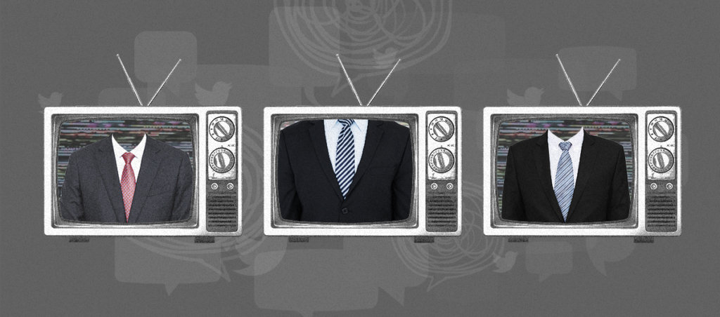 An illustration with three televisions and three suits (bodies are not visible) in the televisions/