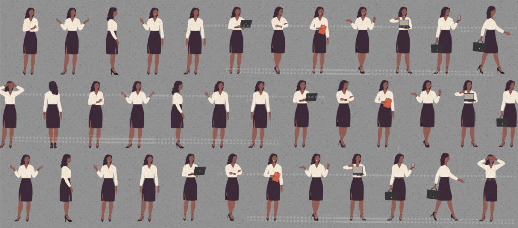 A repeated illustration of a black woman in a brown skirt and white shirt in different posts.