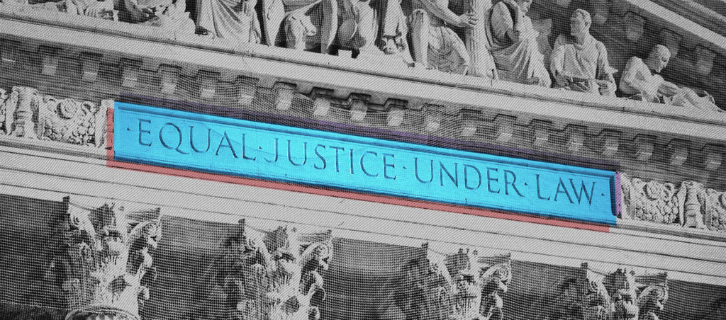 The top of the U.S. Supreme Court building with "Equal Justice Under Law" highlighted in blue.