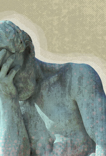 A green statue of a man looking down with his hand on his face.