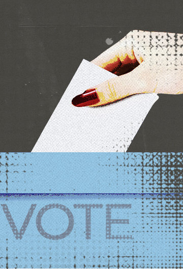 A hand of someone white white skin dropping a ballot into a blue box with the words "vote" on it.