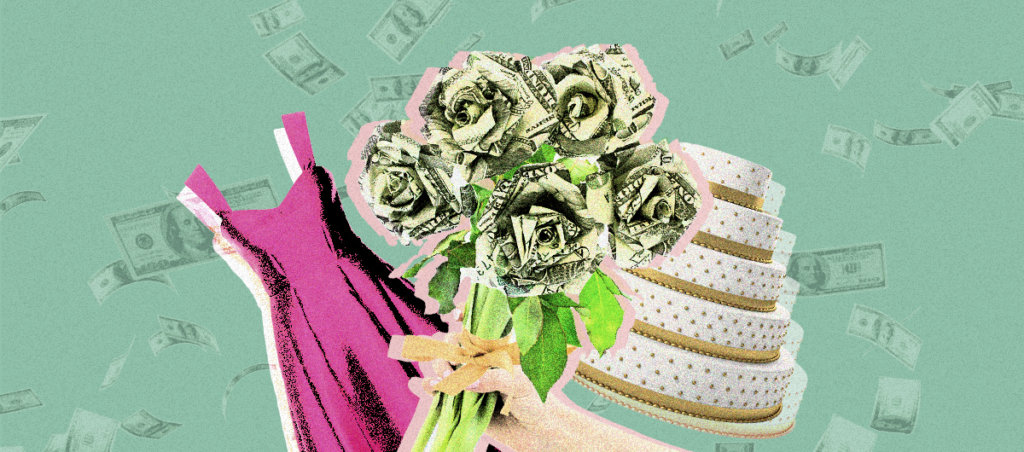 An illustration of a flower bouquet made of money, a bridesmaid dress, and a wedding cake with dollar bills flying in the background.