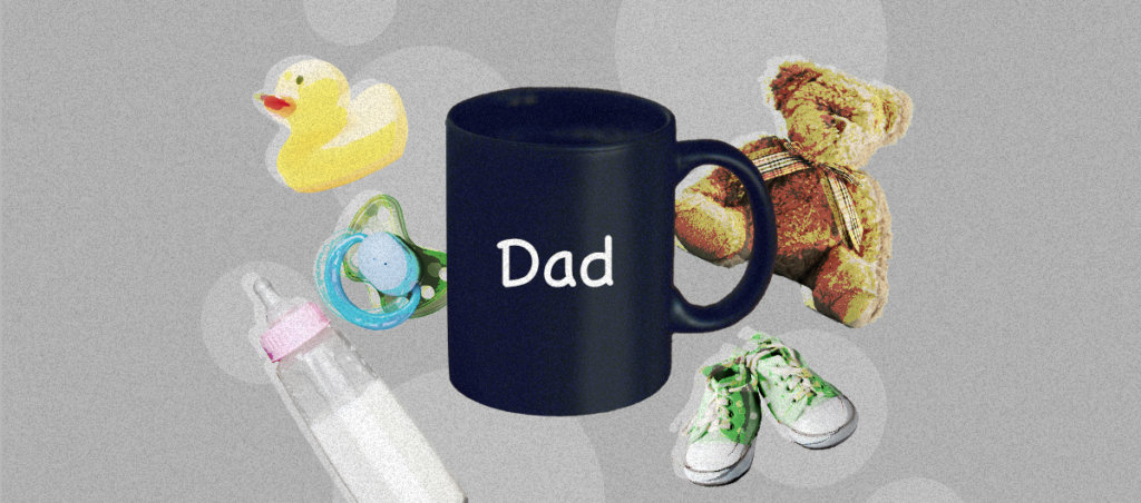 A collage of a mug that says "Dad," two shoes with little kids, a pacifier, a baby bottle, a toy rubber duck, and a stuffed animal