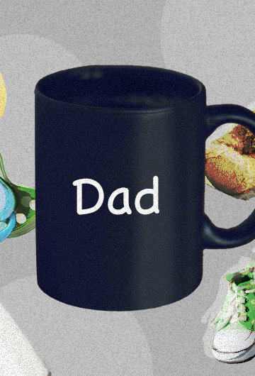 A collage of a mug that says "Dad," two shoes with little kids, a pacifier, a baby bottle, a toy rubber duck, and a stuffed animal