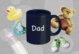 A collage of a mug that says "Dad," two shoes with little kids, a pacifier, a baby bottle, a toy rubber duck, and a stuffed animal