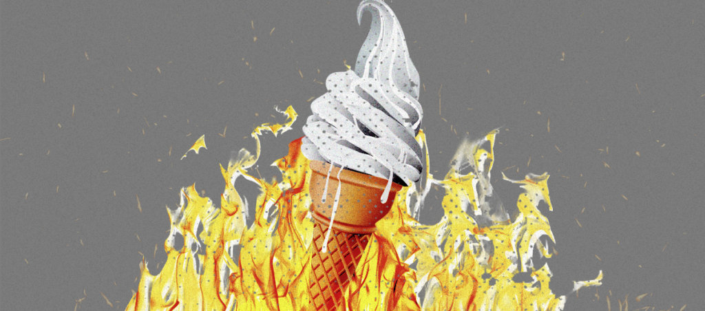 An illustration of vanilla ice cream in a cone with a fire in the background