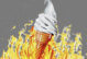 An illustration of vanilla ice cream in a cone with a fire in the background