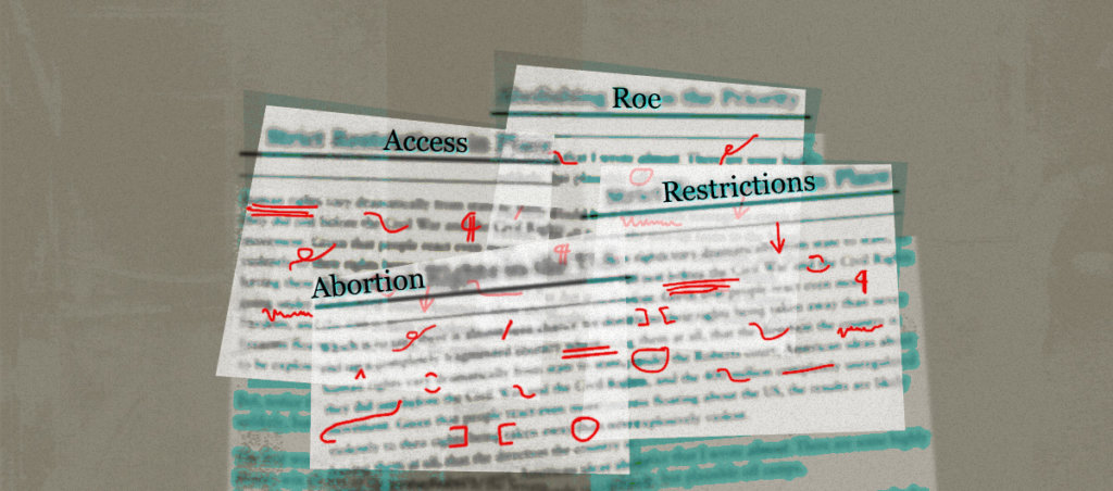 Four pieces of paper that say "access," "roe," "abortion," and "restrictions."