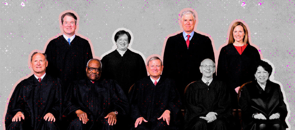 An image of the 9 Supreme Court justices who voted on Roe v. Wade. The justices the overturned Roe are in color, and the ones who didn't are in black and white.