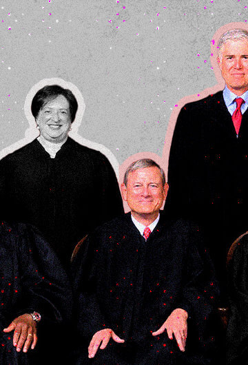 An image of the 9 Supreme Court justices who voted on Roe v. Wade. The justices the overturned Roe are in color, and the ones who didn't are in black and white.