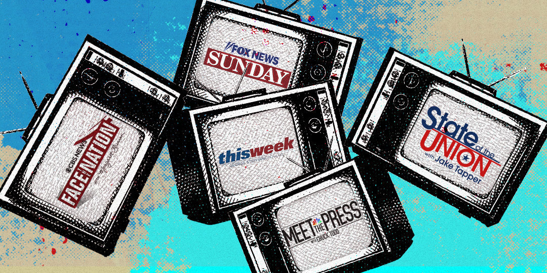 A collage on five televisions with the logos of the shows "Face the Nation," "Fox News Sunday," "This Week," "Meet the Press," and "State of the Union" in them.