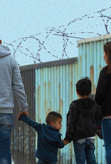Four Latino people – a father, a mother and two children – walking. They are facing away from the camera.