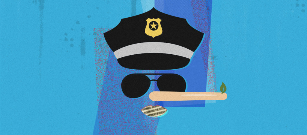 An illustration of a police hat, sunglasses, and a nose that's sticking out like pinocchio