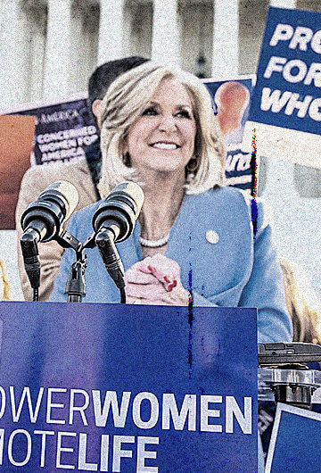 A photo from an anti-abortion protest, and mainly white women are visibly protesting with signs with messages like "Pro-Life for the whole life."