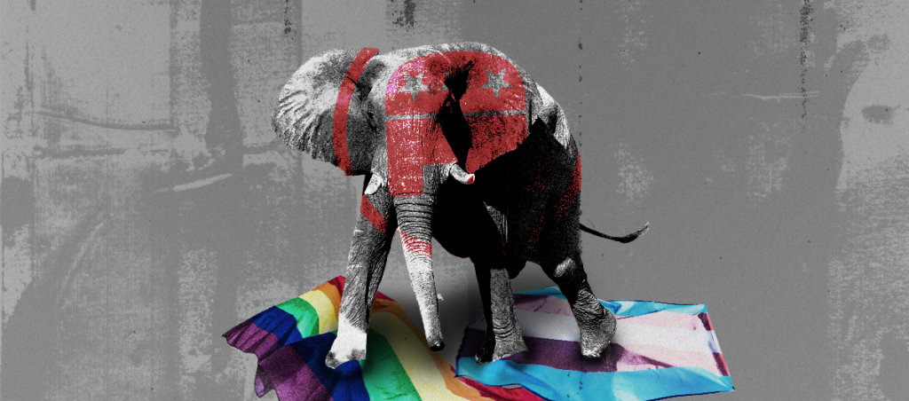 An elephant with the GOP symbol on it stepping on general Pride rainbow flag and transgender visibility flag