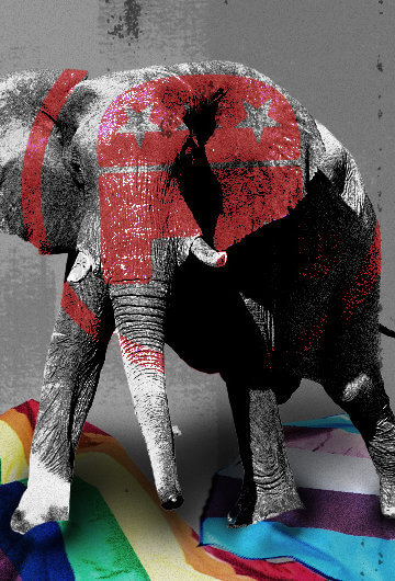 An elephant with the GOP symbol on it stepping on general Pride rainbow flag and transgender visibility flag